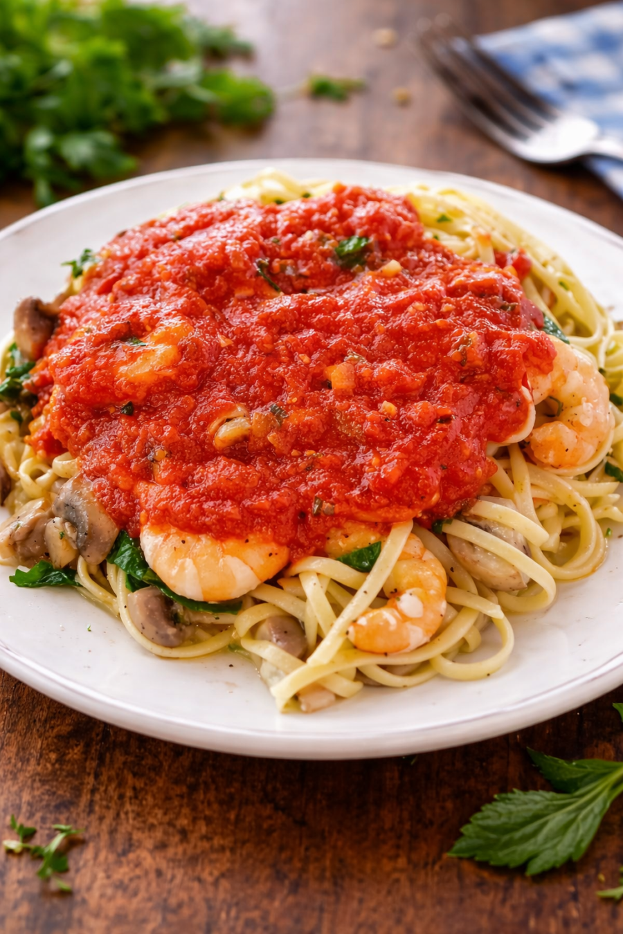 Pasta with Shrimp, Shrimp and Mushrooms in Marinara Sauce