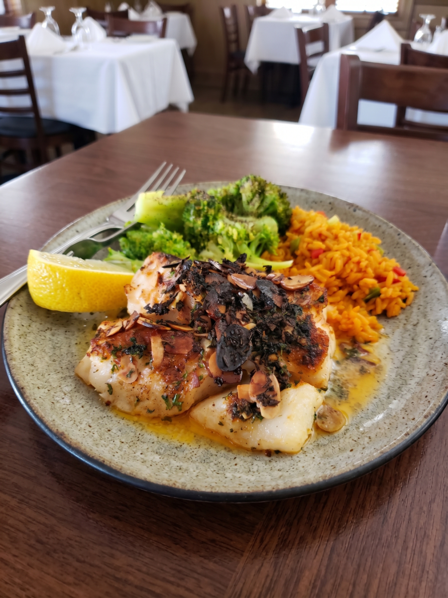 Broiled Scrod Almondine w Rice & Fresh Broccoli